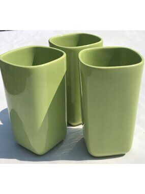 Set 3 Vtg MCM Franciscan Tiempo Sq Lime Green 5” Tumblers Drinking Glass Or Vase